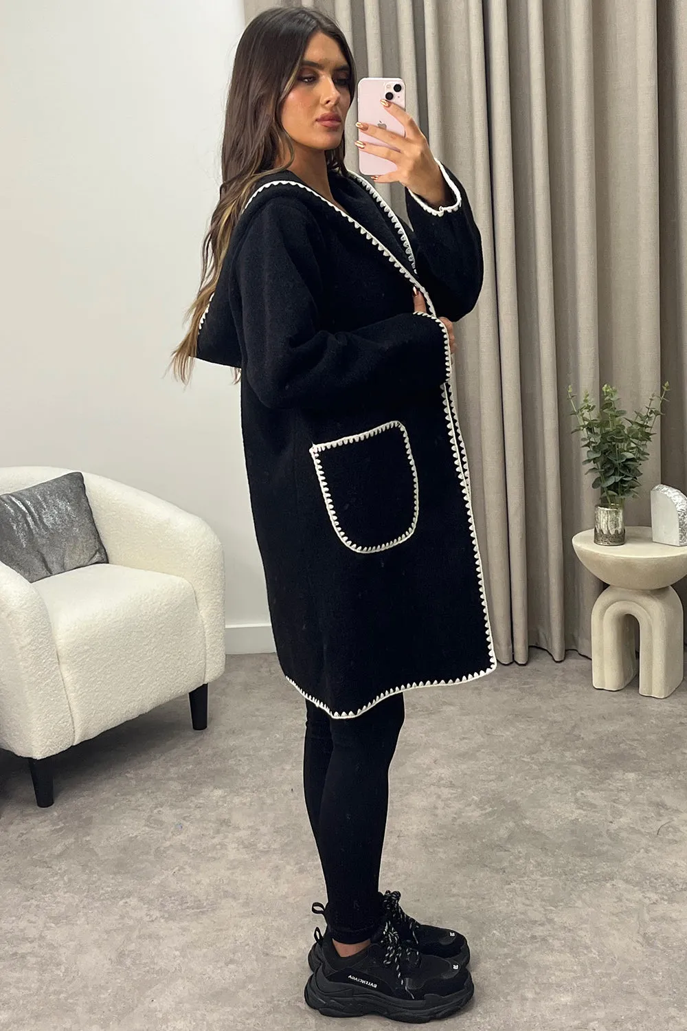Gabbie Black Wool Look Contrasting Trim Hooded Longline Jacket