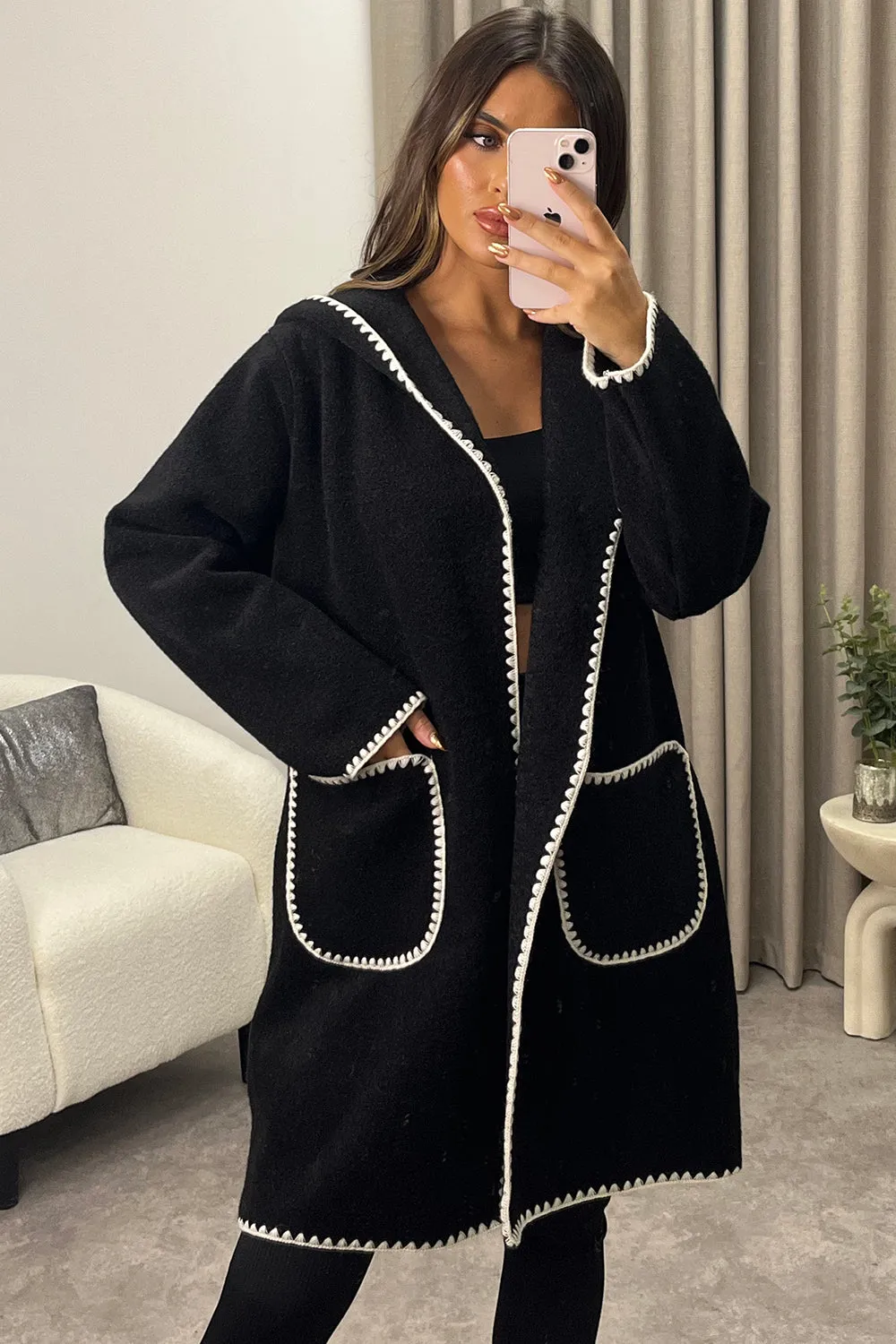 Gabbie Black Wool Look Contrasting Trim Hooded Longline Jacket
