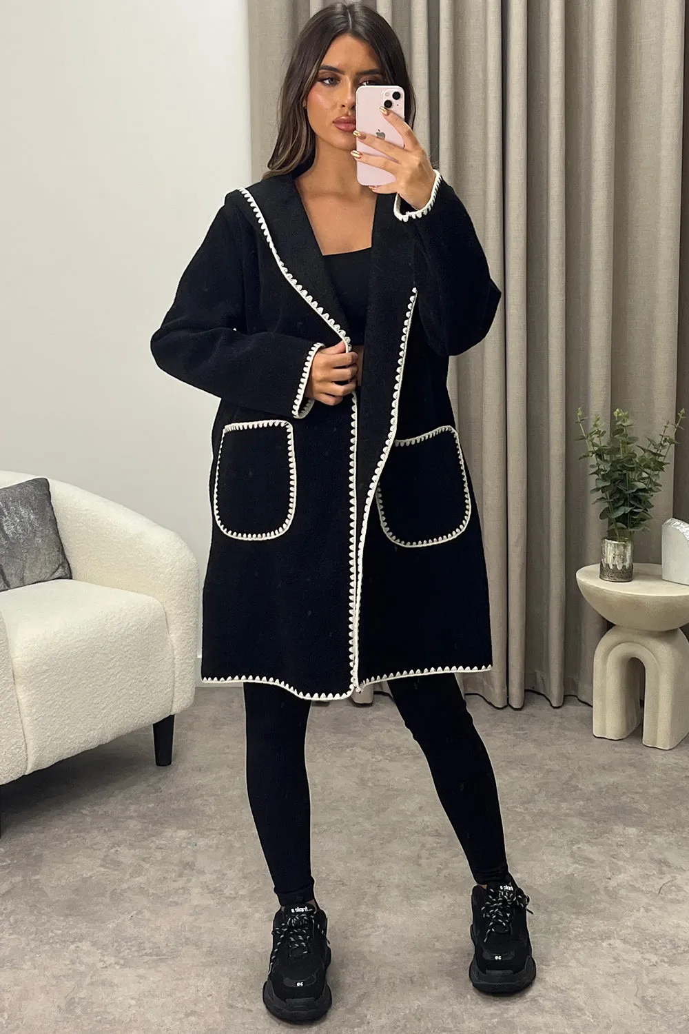 Gabbie Black Wool Look Contrasting Trim Hooded Longline Jacket