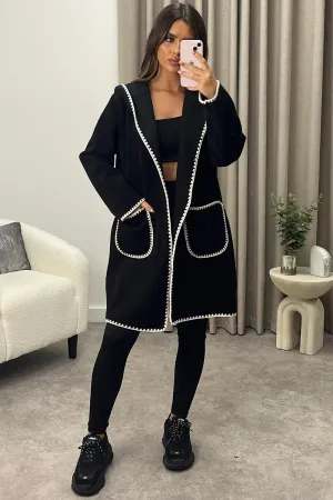 Gabbie Black Wool Look Contrasting Trim Hooded Longline Jacket