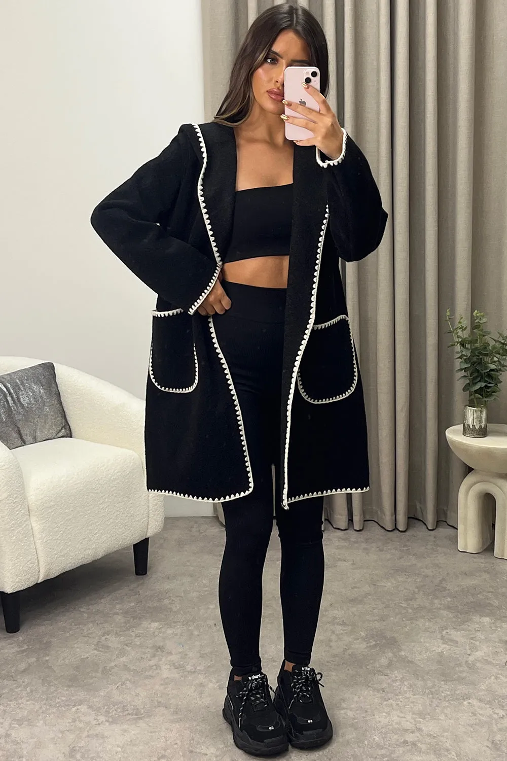 Gabbie Black Wool Look Contrasting Trim Hooded Longline Jacket