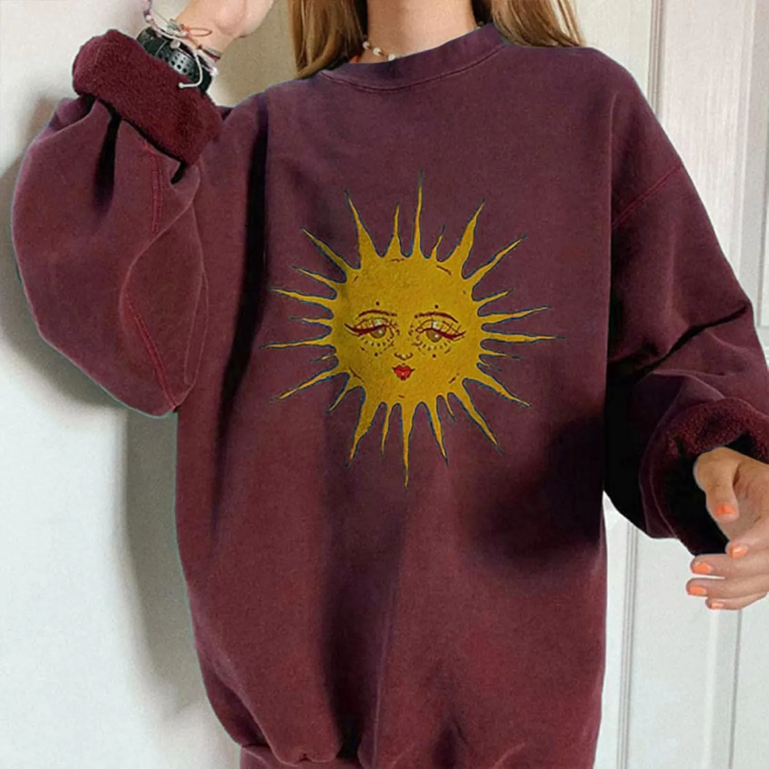 GAOJU Oversized Graphic Sweatshirt for Women Crewneck Long Sleeve Drop Shoulder Casual Pullover Sweatshirt Tops