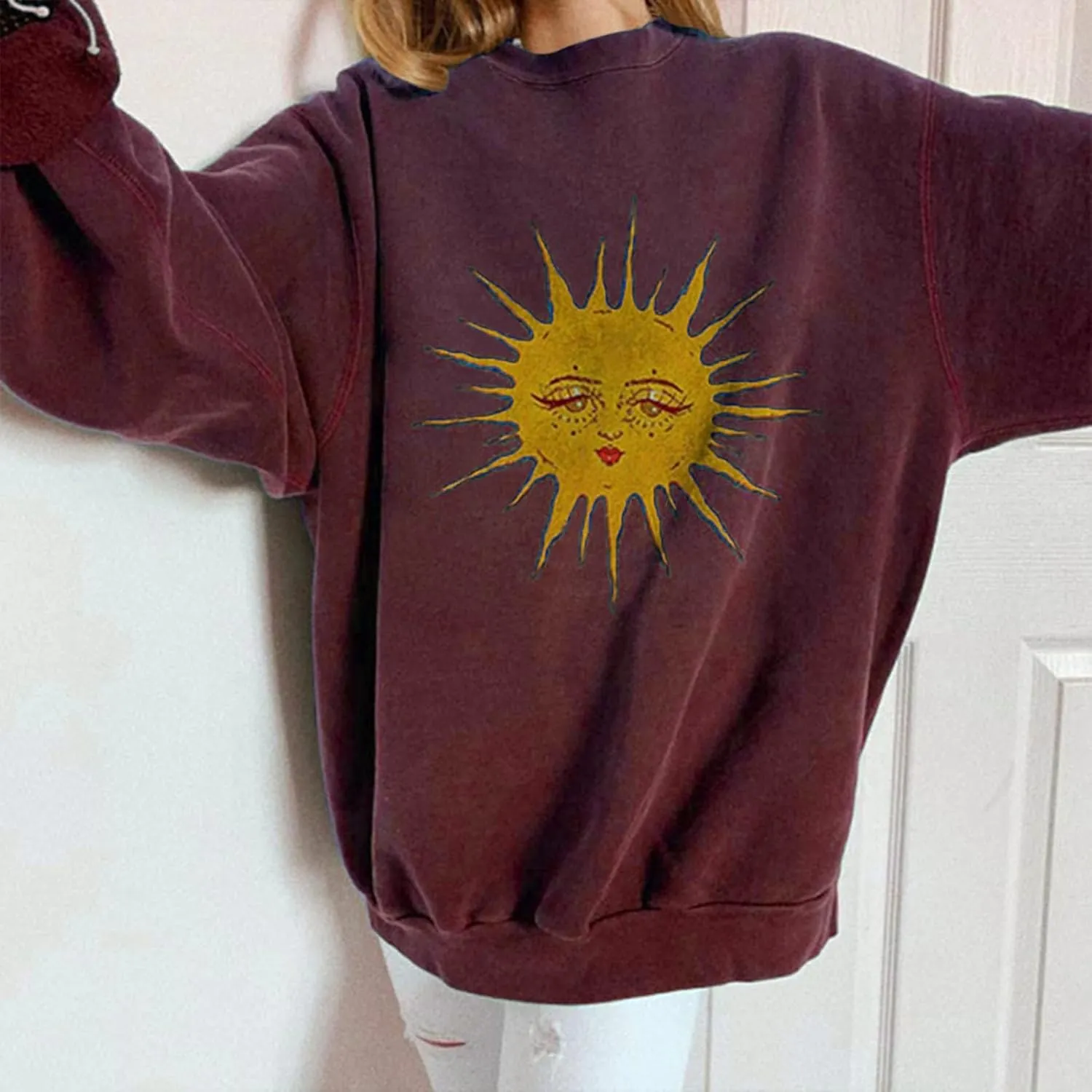 GAOJU Oversized Graphic Sweatshirt for Women Crewneck Long Sleeve Drop Shoulder Casual Pullover Sweatshirt Tops