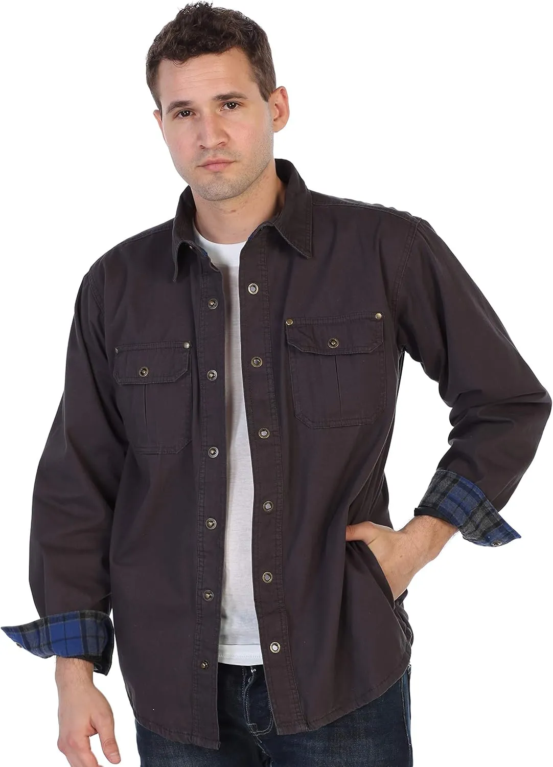 Gioberti Men's 100% Cotton Brushed and Soft Twill Shirt Jacket with Flannel Lining