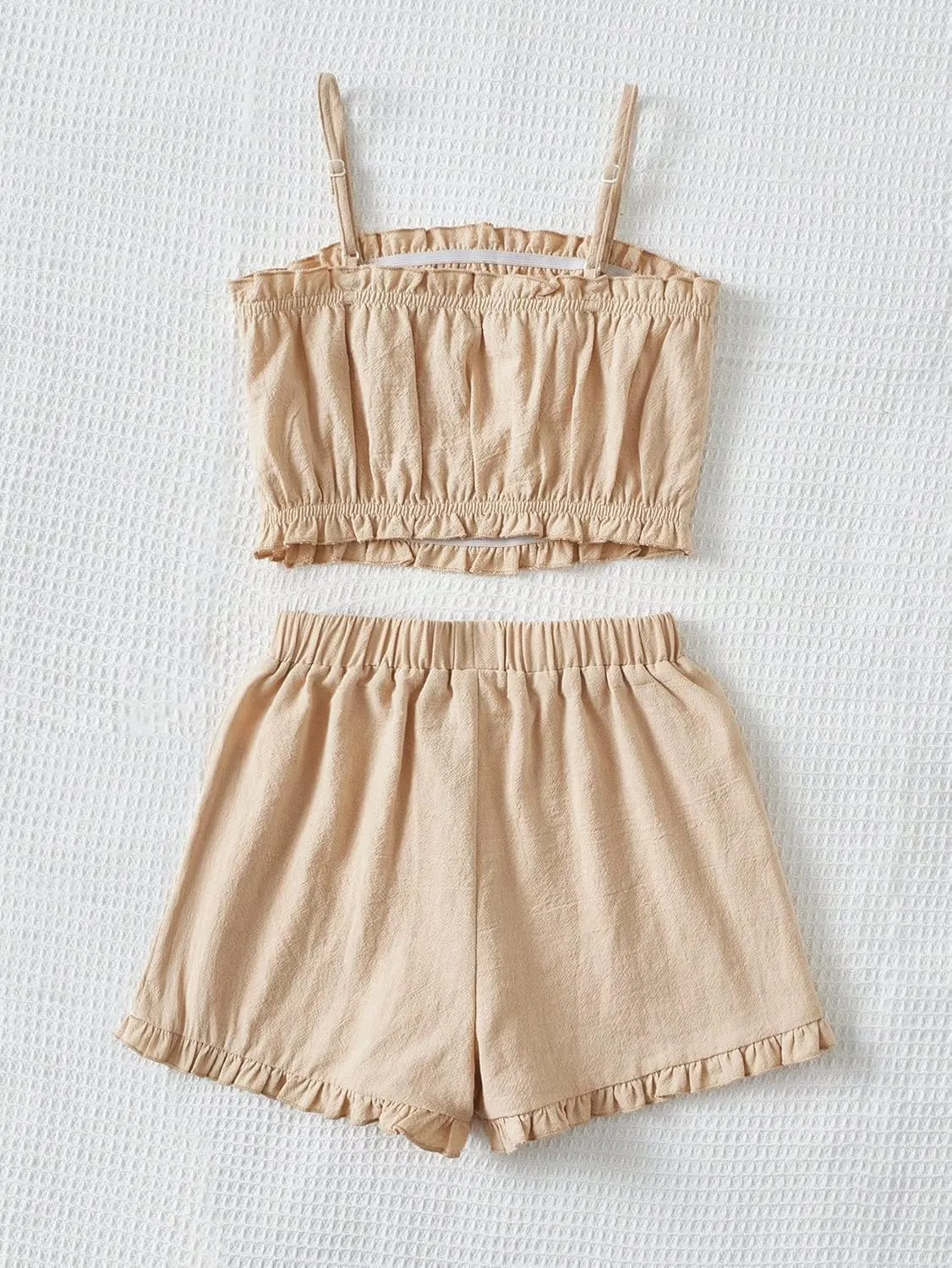 Girl's 2 Piece Summer Outfits Frill Spaghetti Strap Cropped Camisole Tops and Elastic Waist Shorts Set