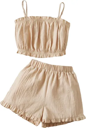 Girl's 2 Piece Summer Outfits Frill Spaghetti Strap Cropped Camisole Tops and Elastic Waist Shorts Set