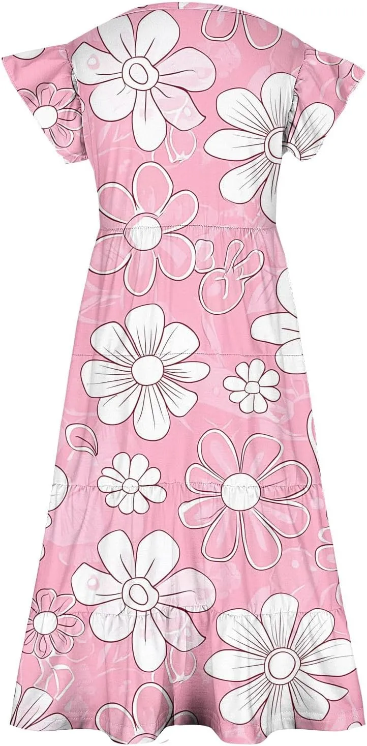 Girls Dresses Summer Floral Print Ruffle Tiered Layers Flowy Swing Sundress Casual Short Sleeve A-Line Midi Dress