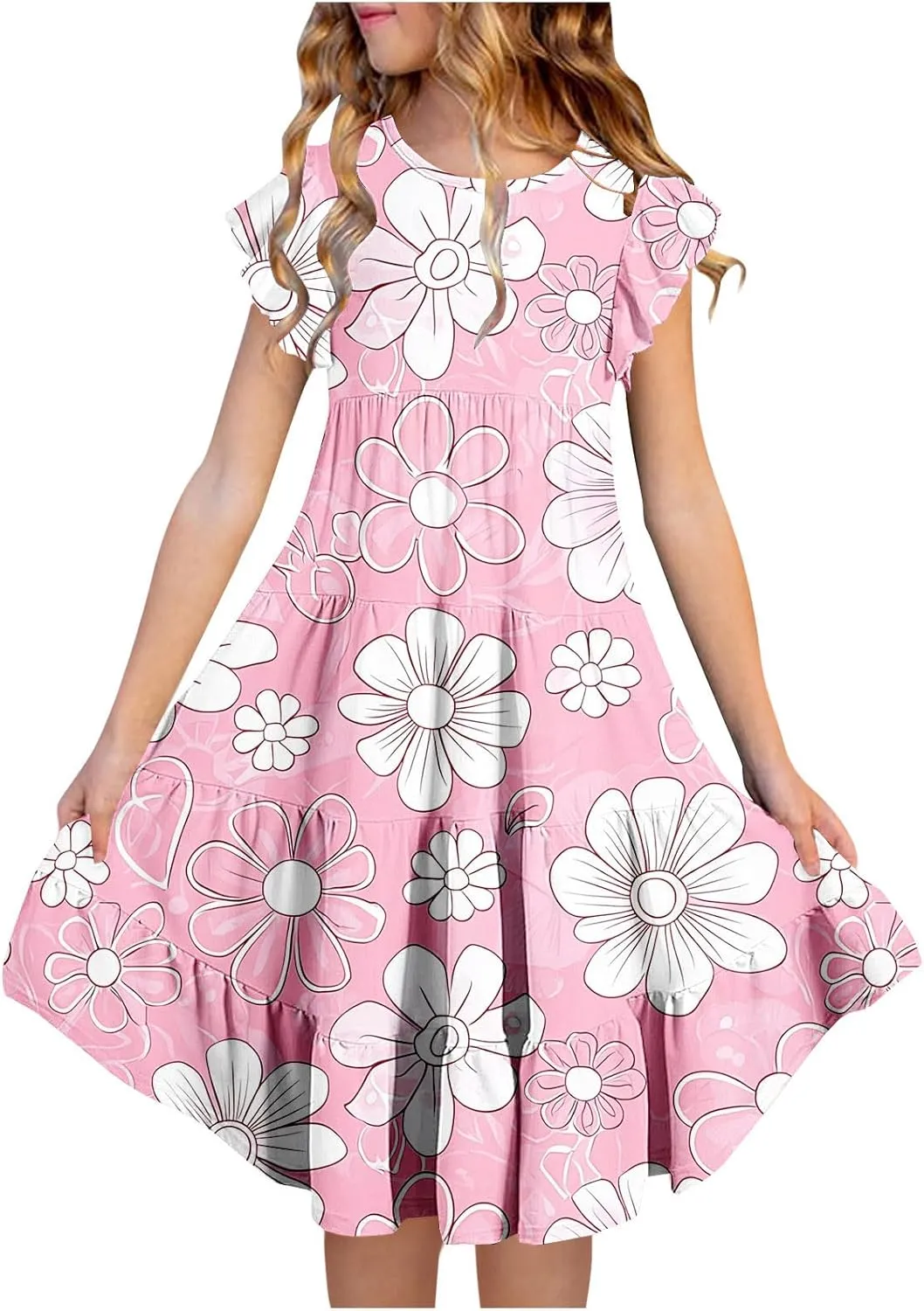 Girls Dresses Summer Floral Print Ruffle Tiered Layers Flowy Swing Sundress Casual Short Sleeve A-Line Midi Dress