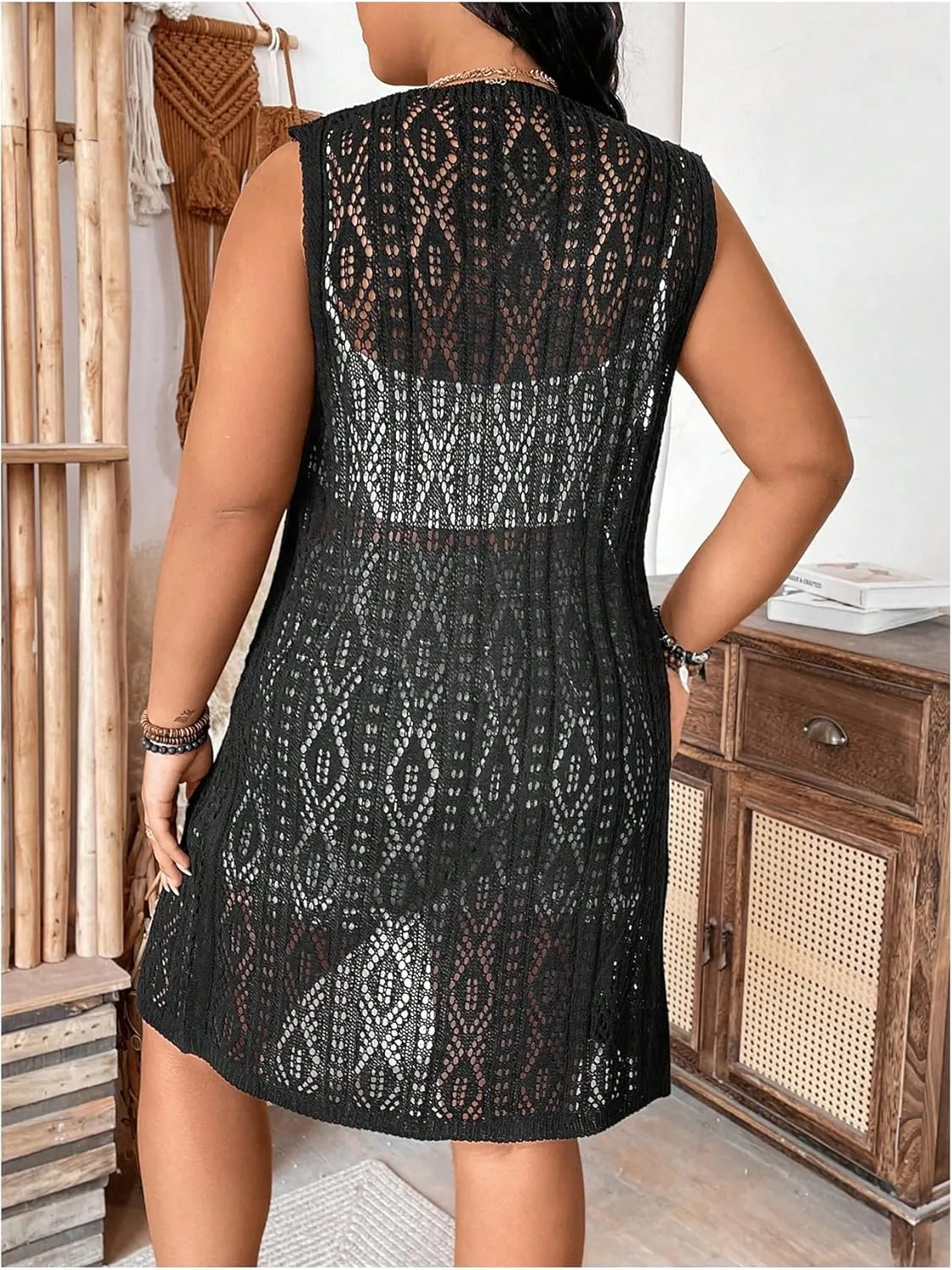 GORGLITTER Women's Plus Size Crochet Long Vest Sleeveless Lightweight Cardigan See Through Knit Tops Summer Outfits