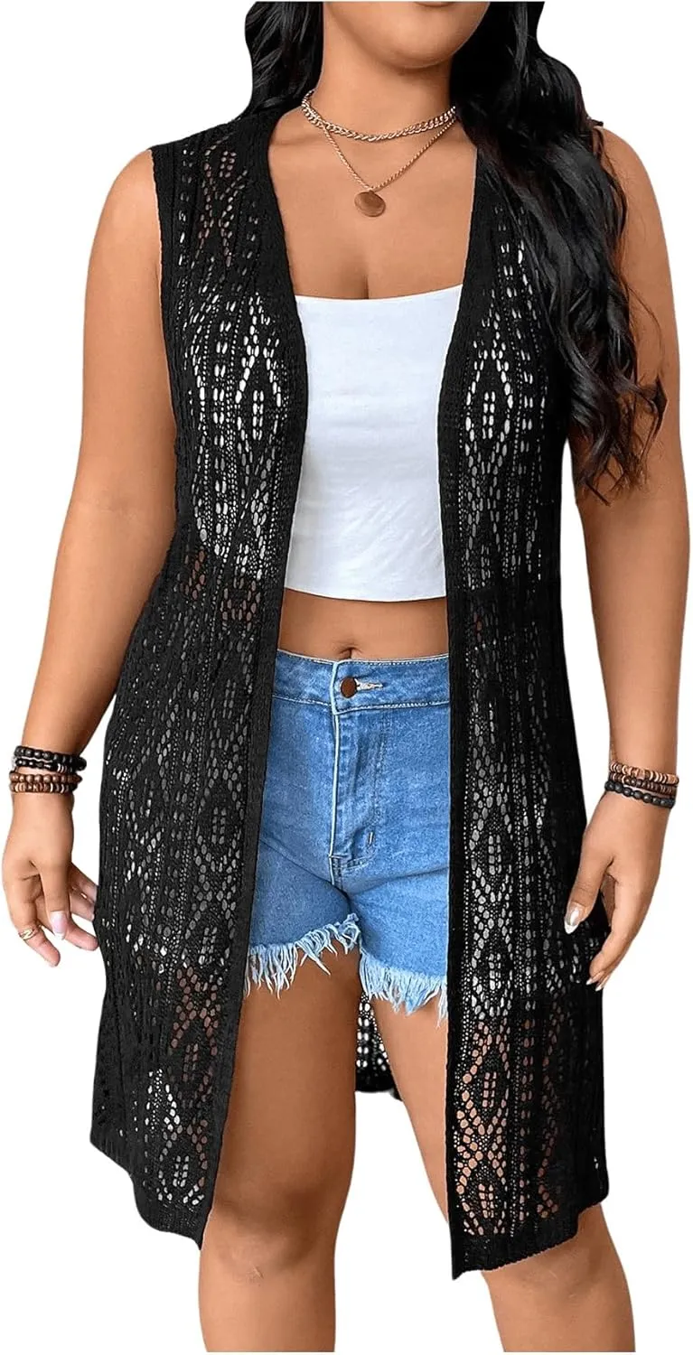 GORGLITTER Women's Plus Size Crochet Long Vest Sleeveless Lightweight Cardigan See Through Knit Tops Summer Outfits