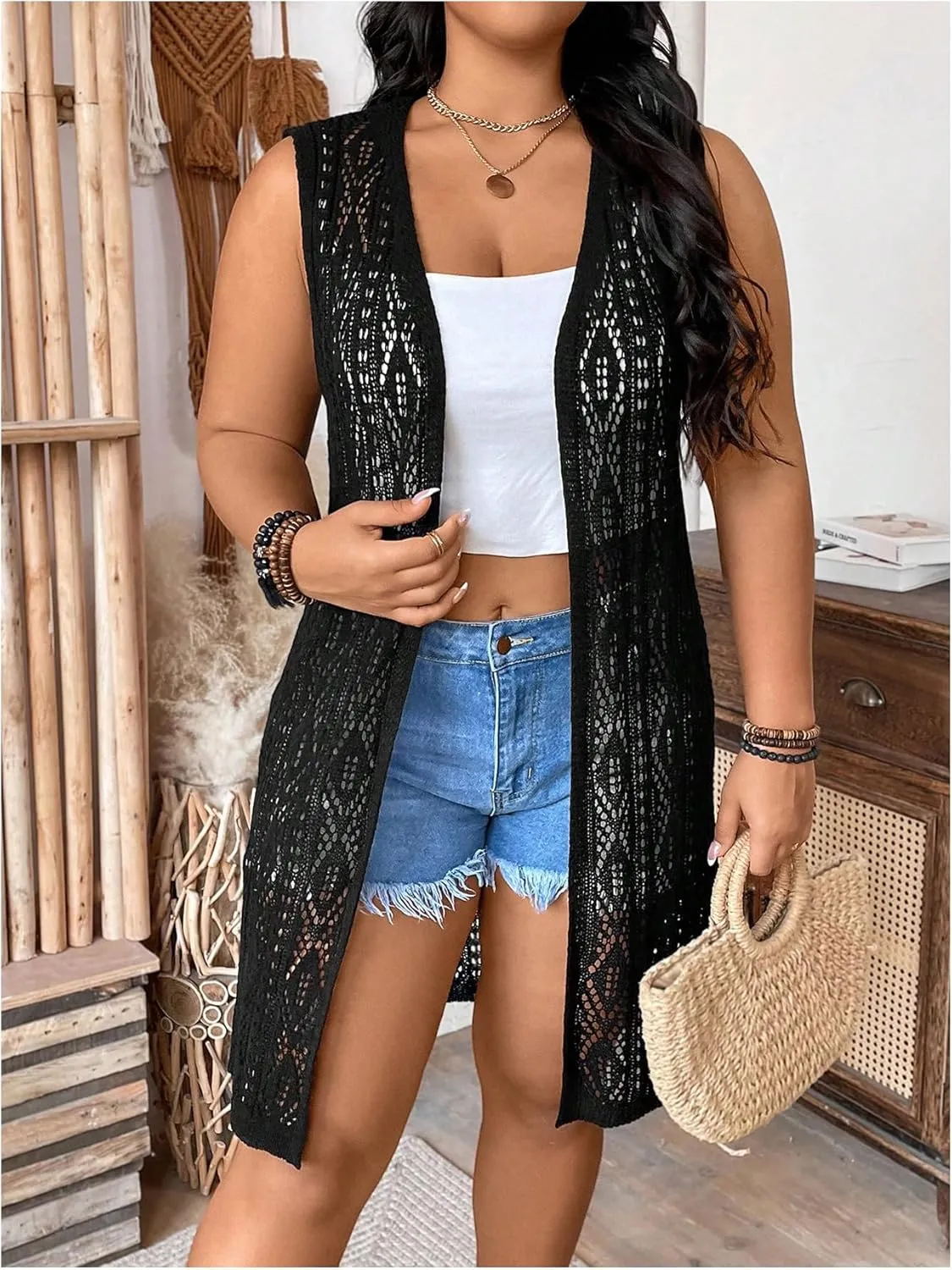 GORGLITTER Women's Plus Size Crochet Long Vest Sleeveless Lightweight Cardigan See Through Knit Tops Summer Outfits