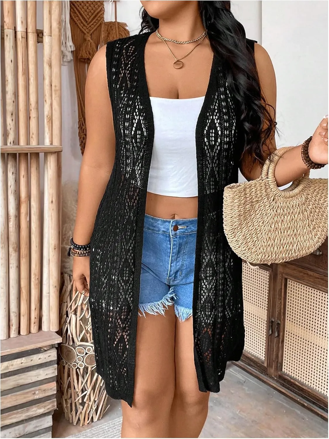 GORGLITTER Women's Plus Size Crochet Long Vest Sleeveless Lightweight Cardigan See Through Knit Tops Summer Outfits
