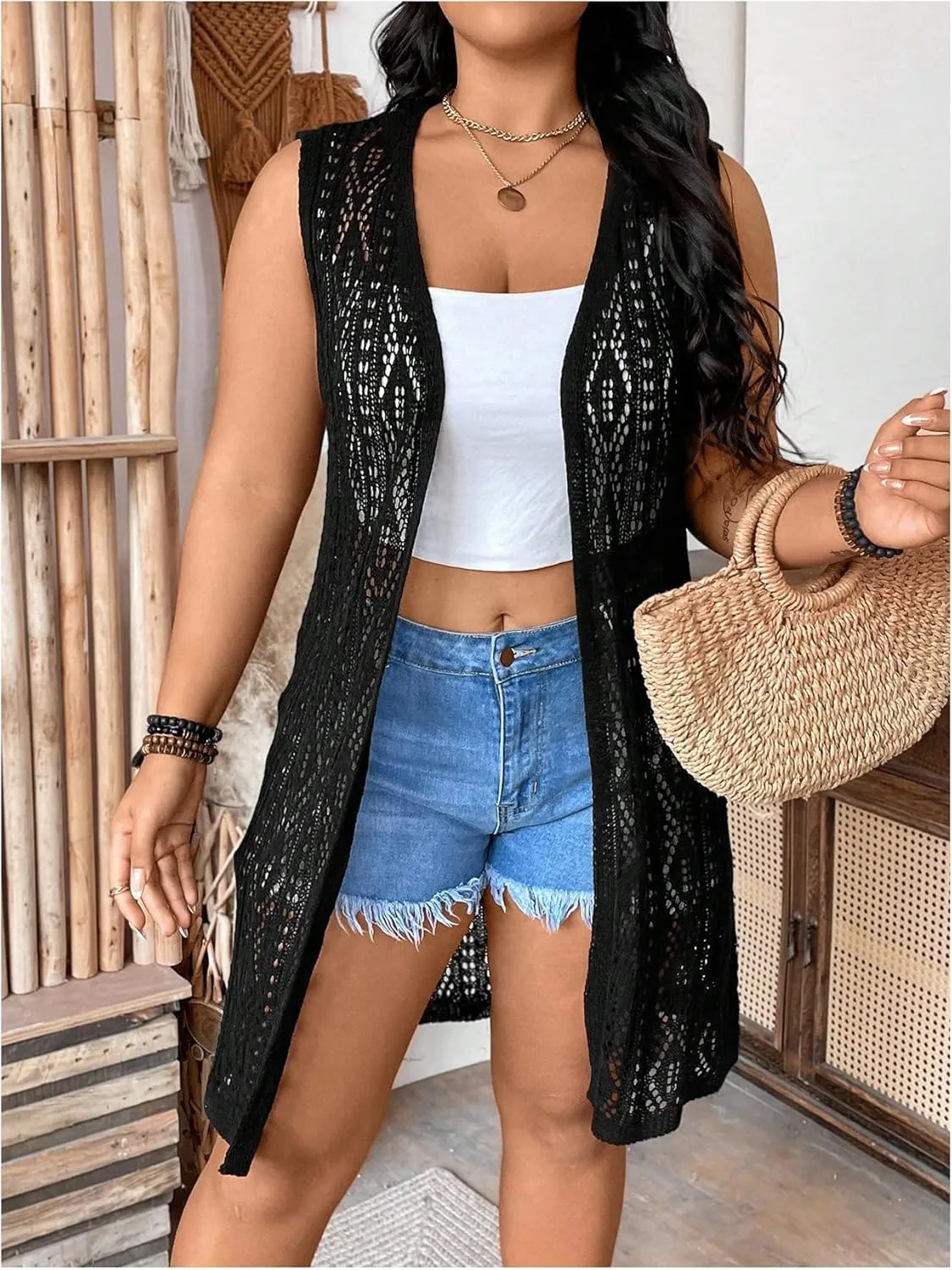 GORGLITTER Women's Plus Size Crochet Long Vest Sleeveless Lightweight Cardigan See Through Knit Tops Summer Outfits