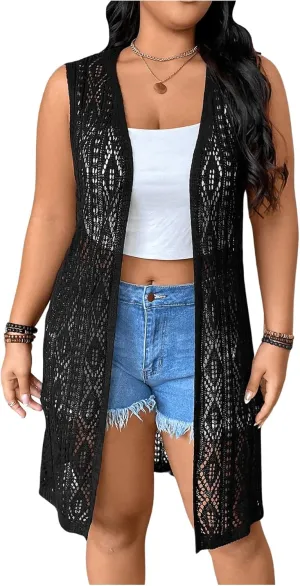 GORGLITTER Women's Plus Size Crochet Long Vest Sleeveless Lightweight Cardigan See Through Knit Tops Summer Outfits