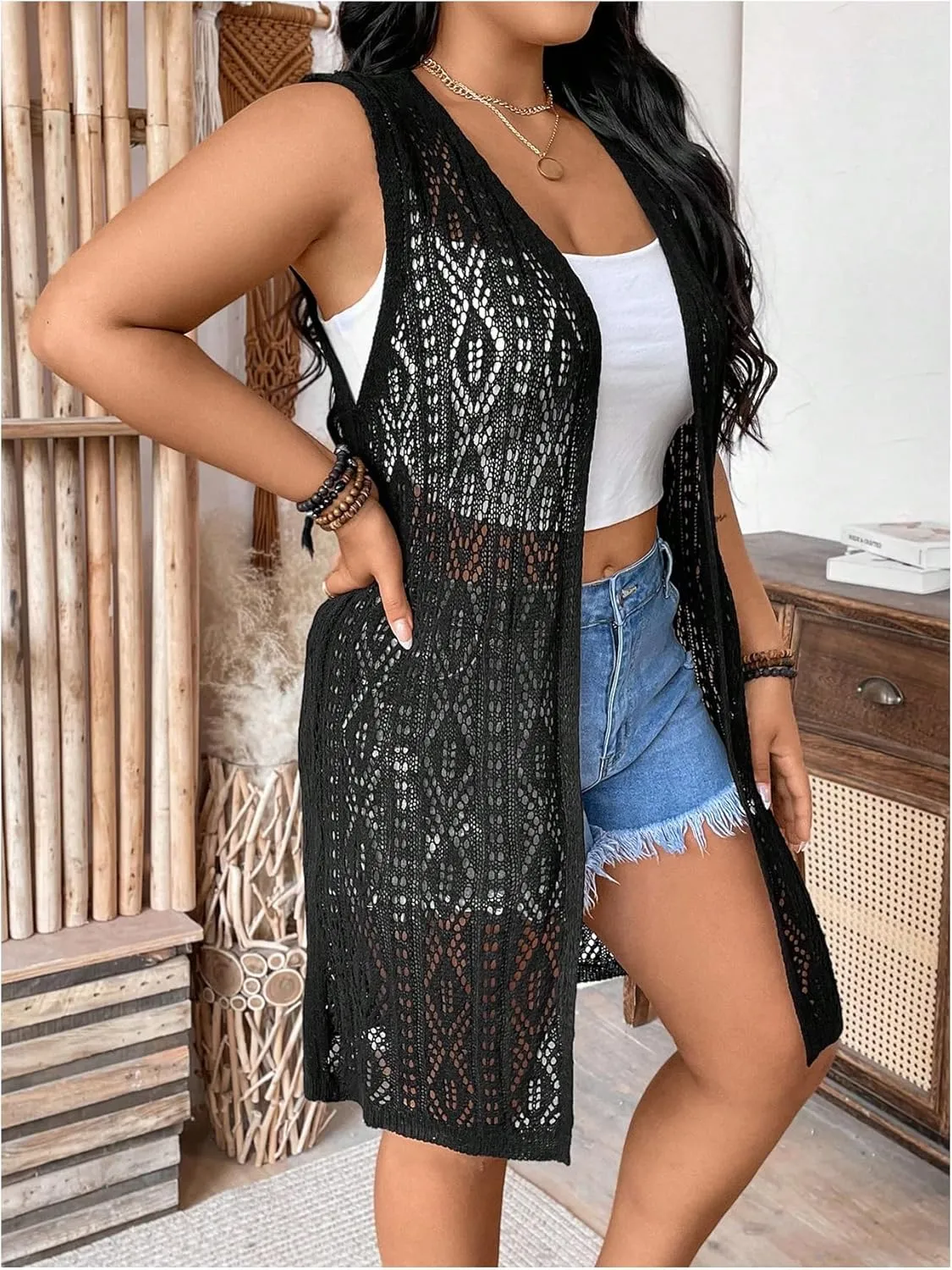 GORGLITTER Women's Plus Size Crochet Long Vest Sleeveless Lightweight Cardigan See Through Knit Tops Summer Outfits