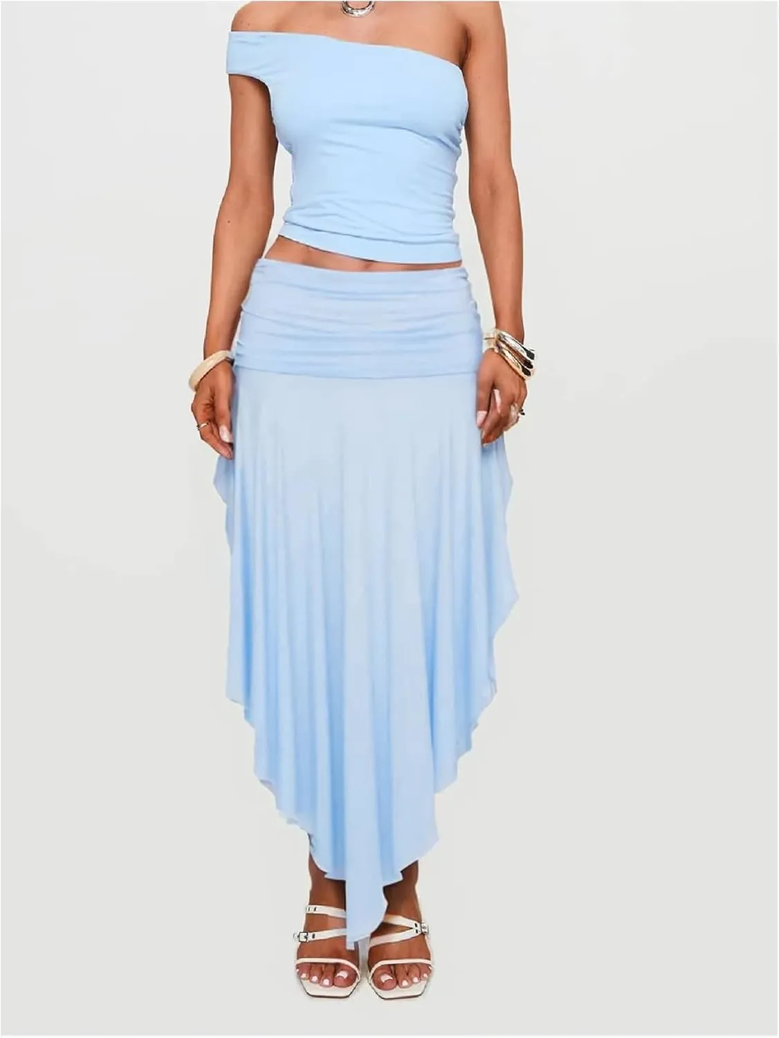 GORGLITTER Women's Ruched Flowy Asymmetrical Maxi Skirt High Slit Low Rise Boho Skirts
