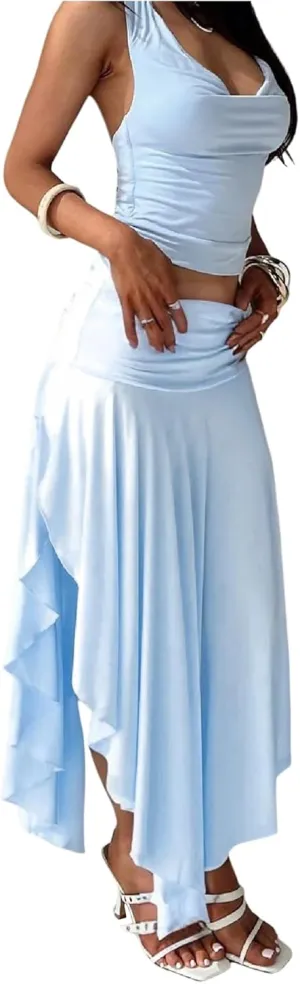 GORGLITTER Women's Ruched Flowy Asymmetrical Maxi Skirt High Slit Low Rise Boho Skirts