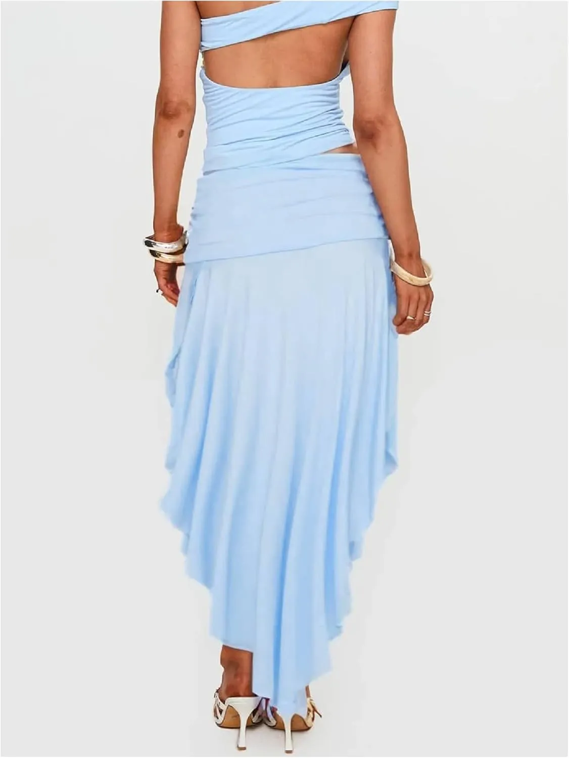GORGLITTER Women's Ruched Flowy Asymmetrical Maxi Skirt High Slit Low Rise Boho Skirts