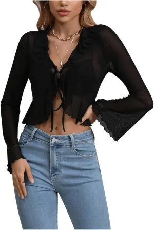 GORGLITTER Women's Tie Front Tops Sheer Mesh Bell Long Sleeve Ruffle Blouse Shirt Crop Top