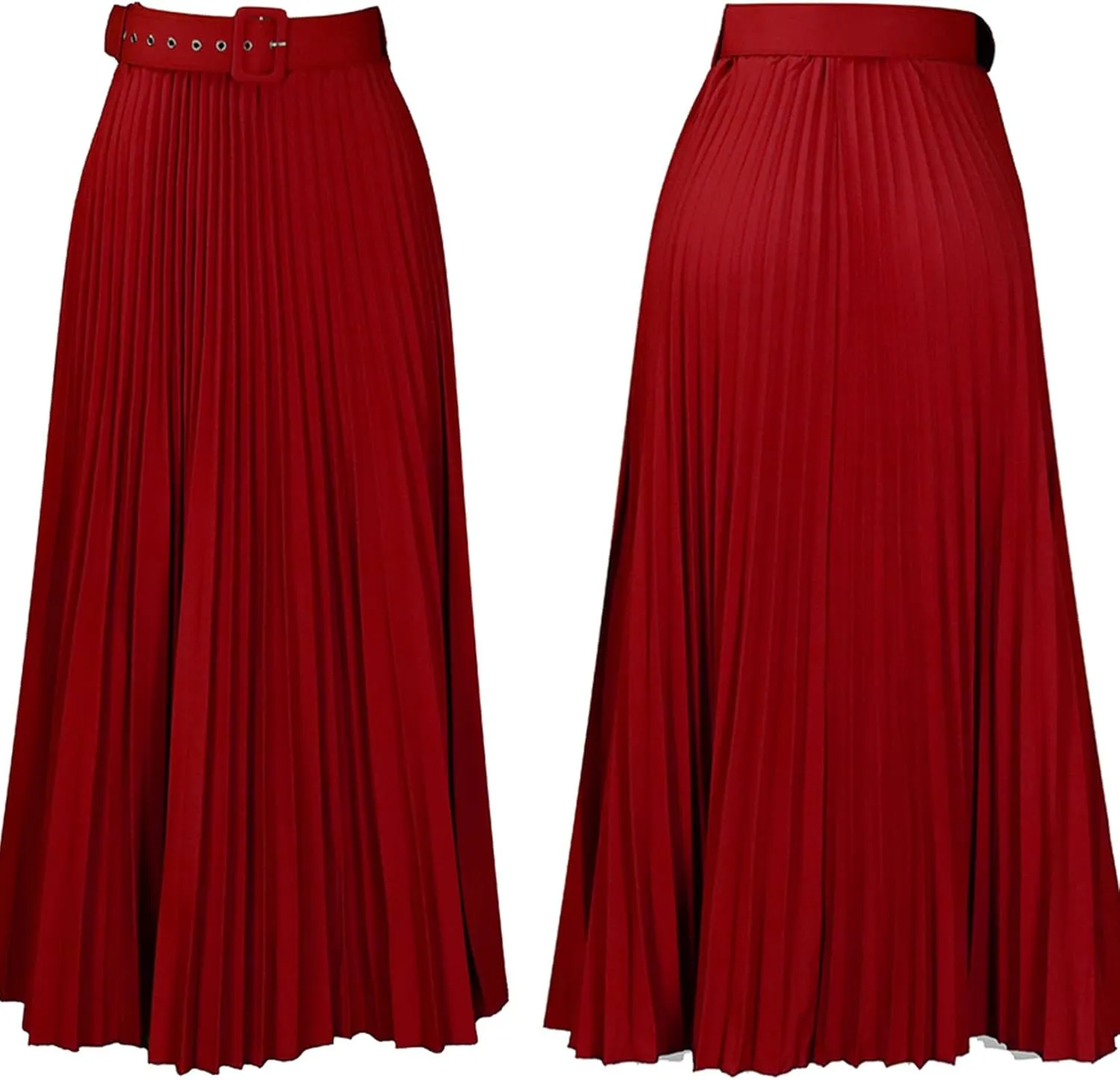 GORIFE Women's Pleated Skirt Solid Elastic Waist A-Line Swing Maxi Length Skirt with Belt