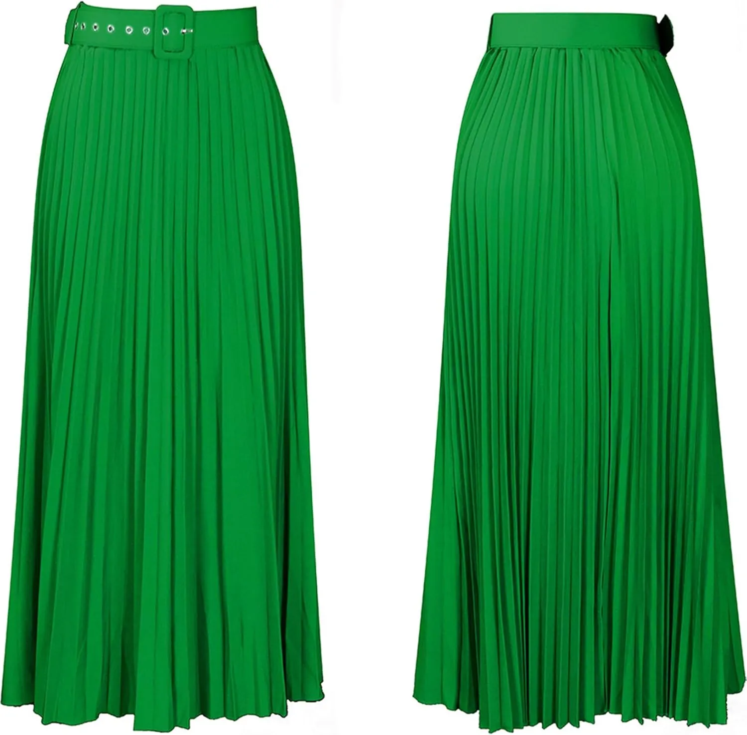 GORIFE Women's Pleated Skirt Solid Elastic Waist A-Line Swing Maxi Length Skirt with Belt