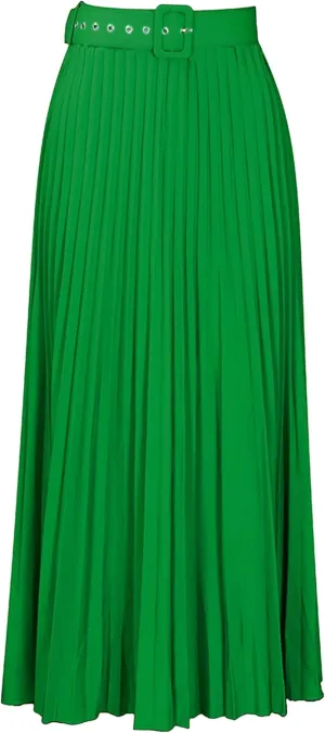 GORIFE Women's Pleated Skirt Solid Elastic Waist A-Line Swing Maxi Length Skirt with Belt
