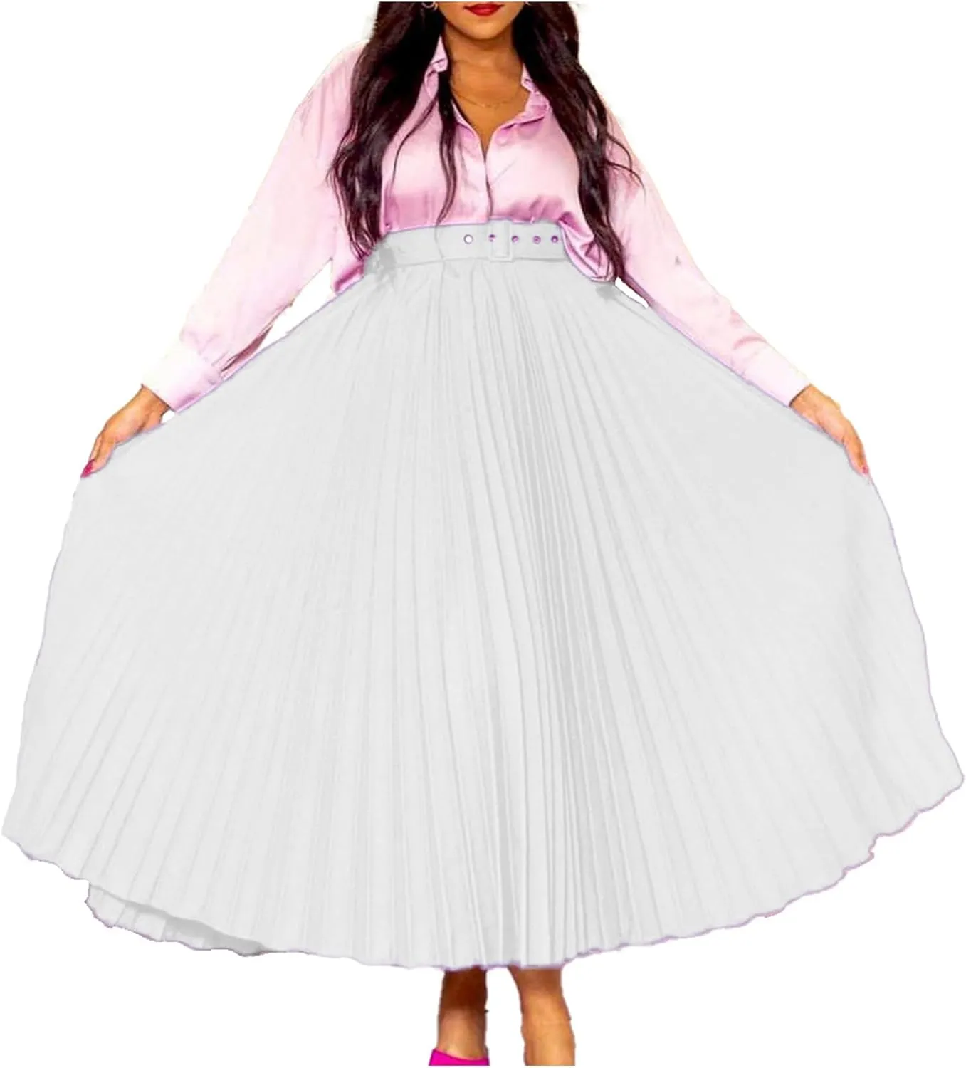 GORIFE Women's Pleated Skirt Solid Elastic Waist A-Line Swing Maxi Length Skirt with Belt