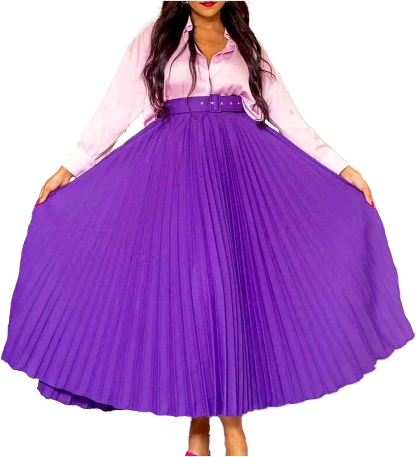 GORIFE Women's Pleated Skirt Solid Elastic Waist A-Line Swing Maxi Length Skirt with Belt