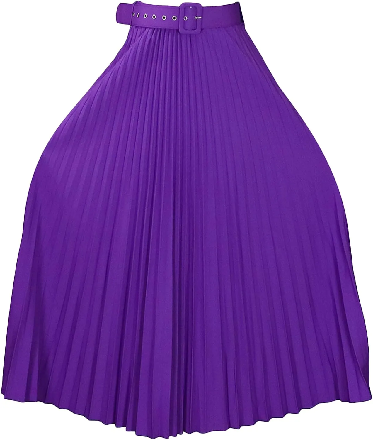 GORIFE Women's Pleated Skirt Solid Elastic Waist A-Line Swing Maxi Length Skirt with Belt
