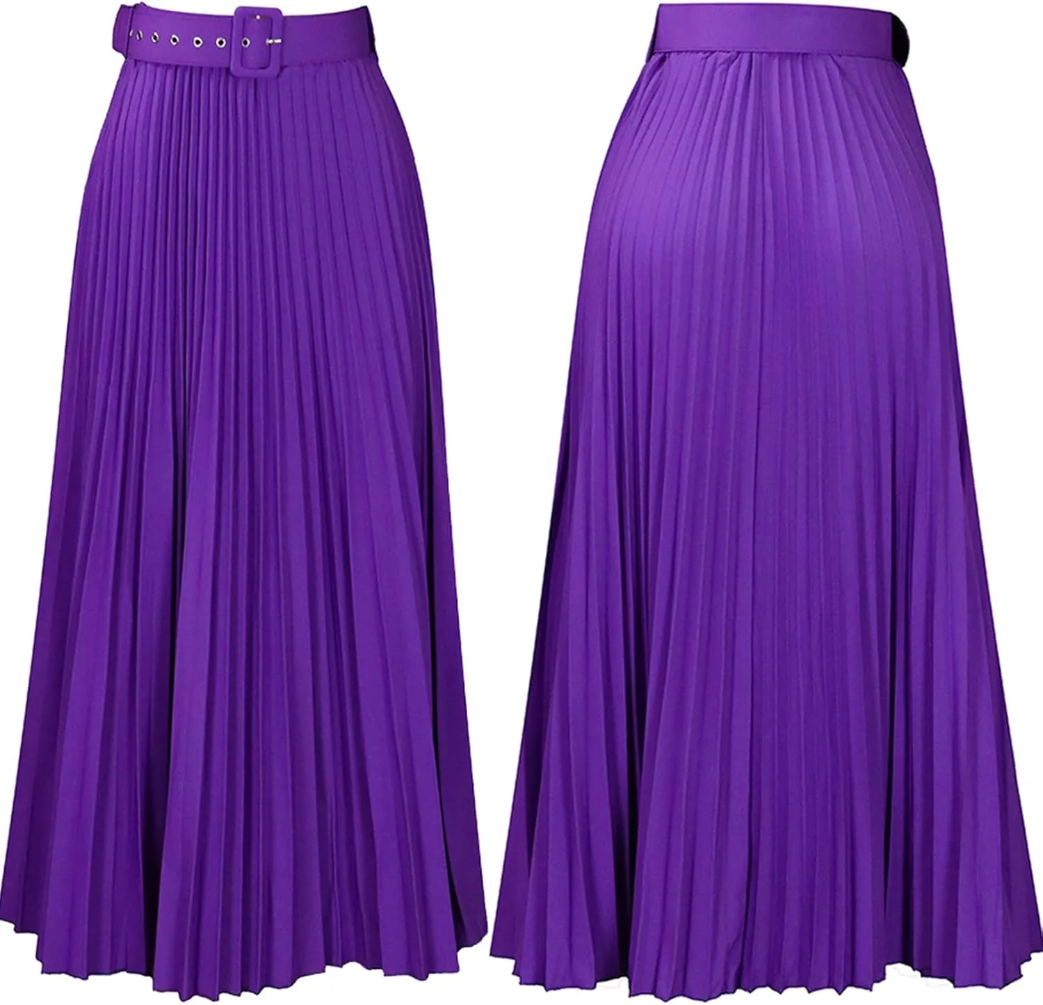 GORIFE Women's Pleated Skirt Solid Elastic Waist A-Line Swing Maxi Length Skirt with Belt