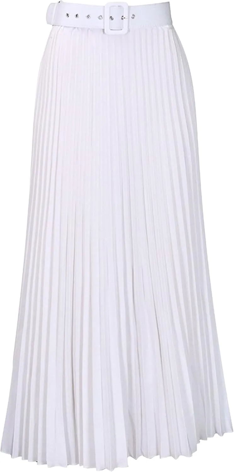 GORIFE Women's Pleated Skirt Solid Elastic Waist A-Line Swing Maxi Length Skirt with Belt