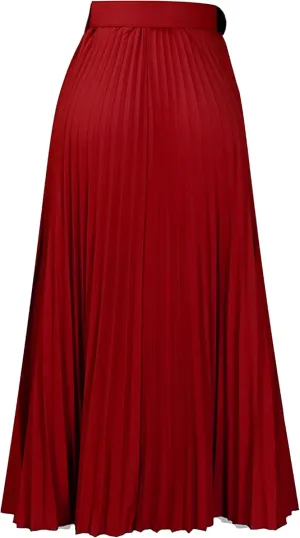 GORIFE Women's Pleated Skirt Solid Elastic Waist A-Line Swing Maxi Length Skirt with Belt