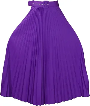 GORIFE Women's Pleated Skirt Solid Elastic Waist A-Line Swing Maxi Length Skirt with Belt