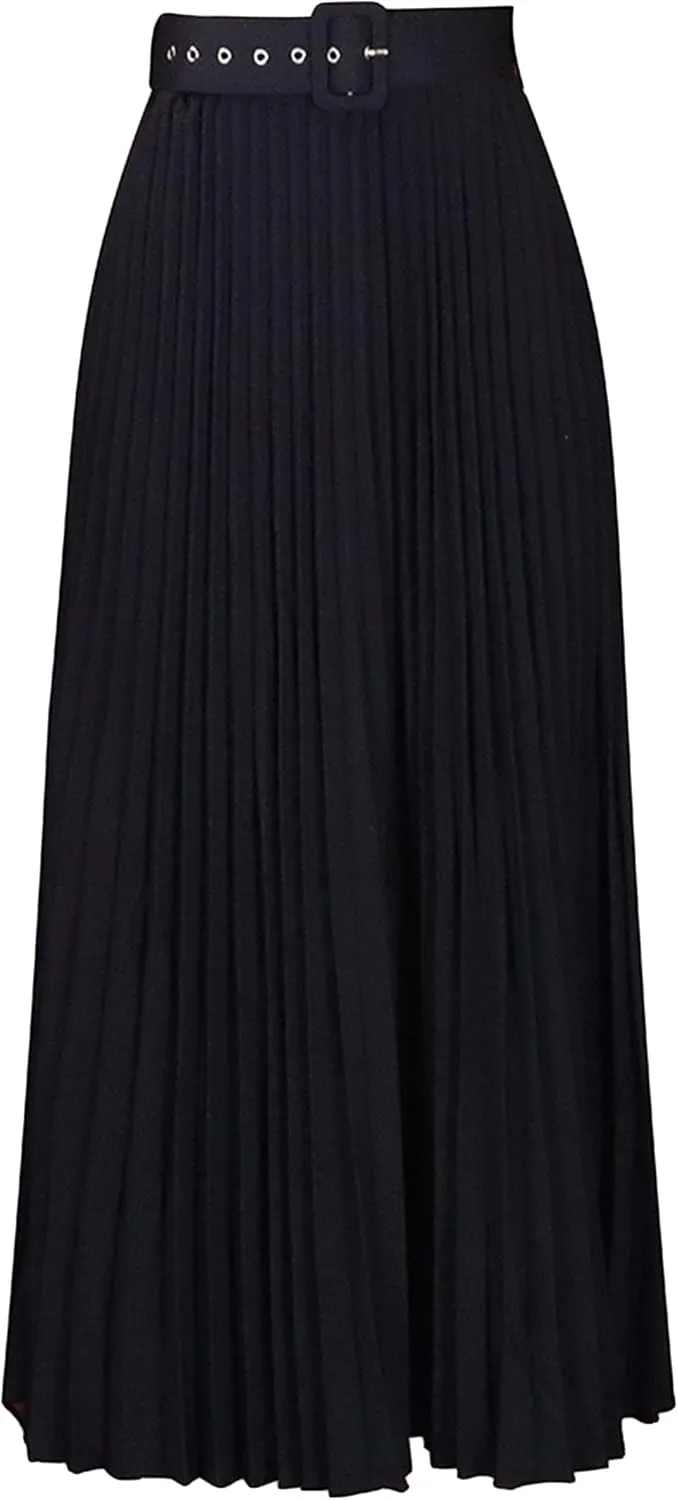 GORIFE Women's Pleated Skirt Solid Elastic Waist A-Line Swing Maxi Length Skirt with Belt