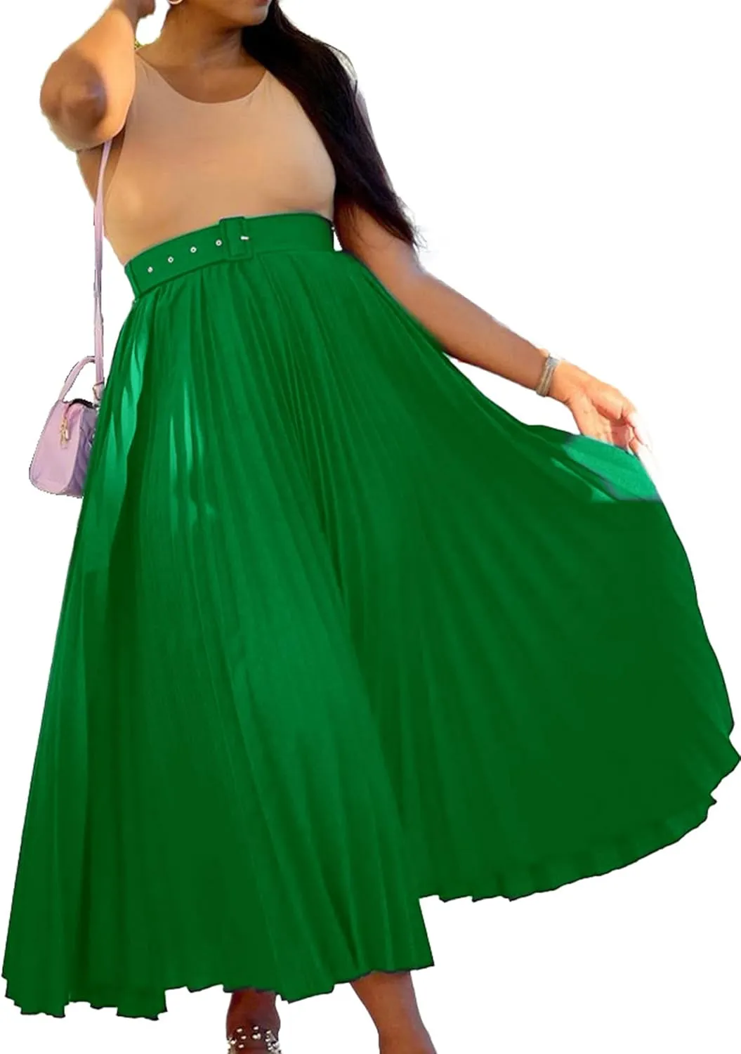 GORIFE Women's Pleated Skirt Solid Elastic Waist A-Line Swing Maxi Length Skirt with Belt