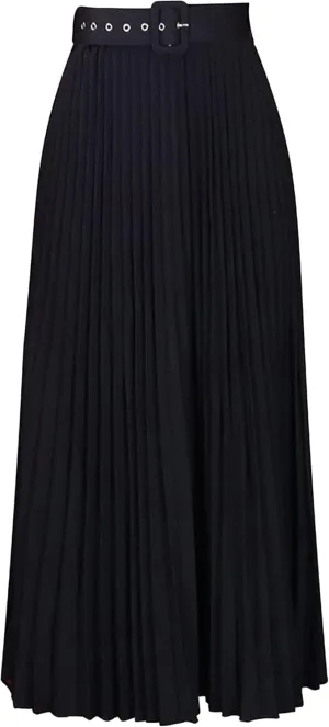 GORIFE Women's Pleated Skirt Solid Elastic Waist A-Line Swing Maxi Length Skirt with Belt