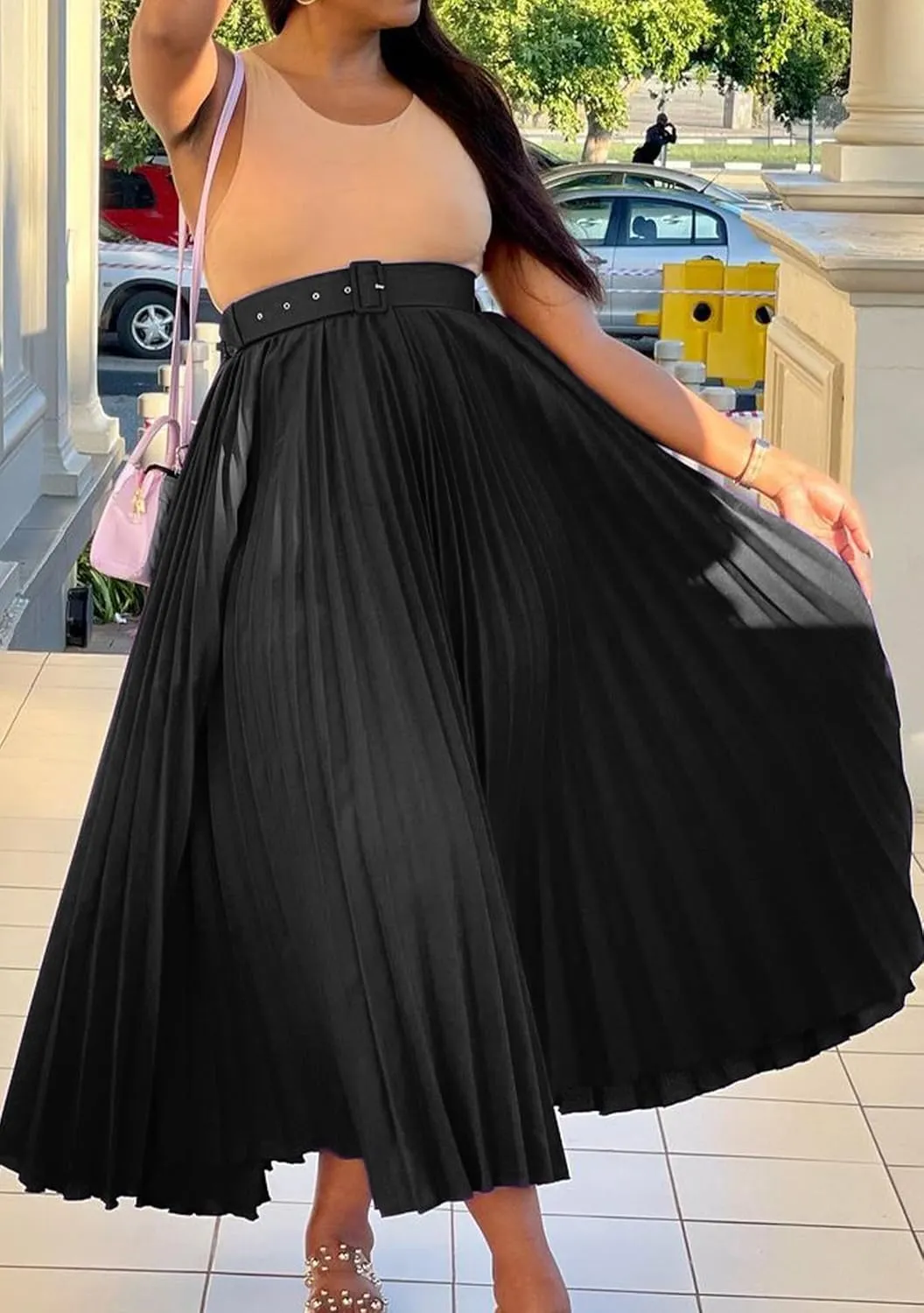 GORIFE Women's Pleated Skirt Solid Elastic Waist A-Line Swing Maxi Length Skirt with Belt