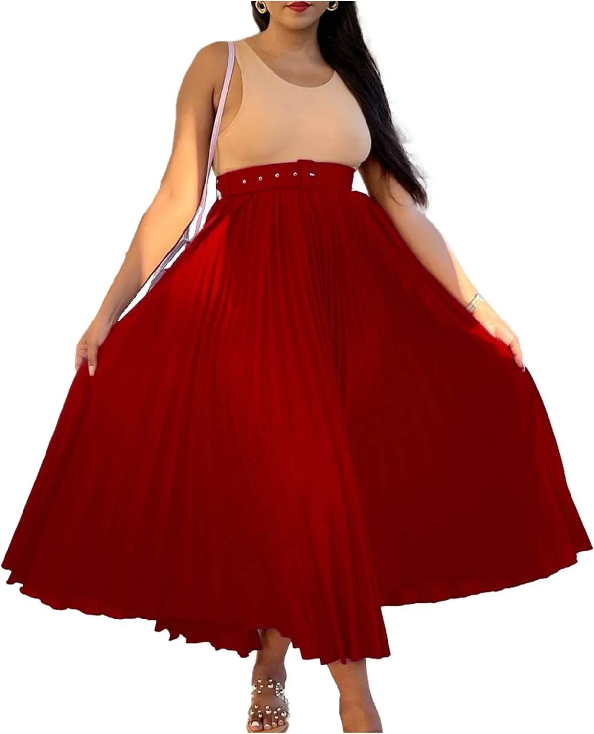 GORIFE Women's Pleated Skirt Solid Elastic Waist A-Line Swing Maxi Length Skirt with Belt