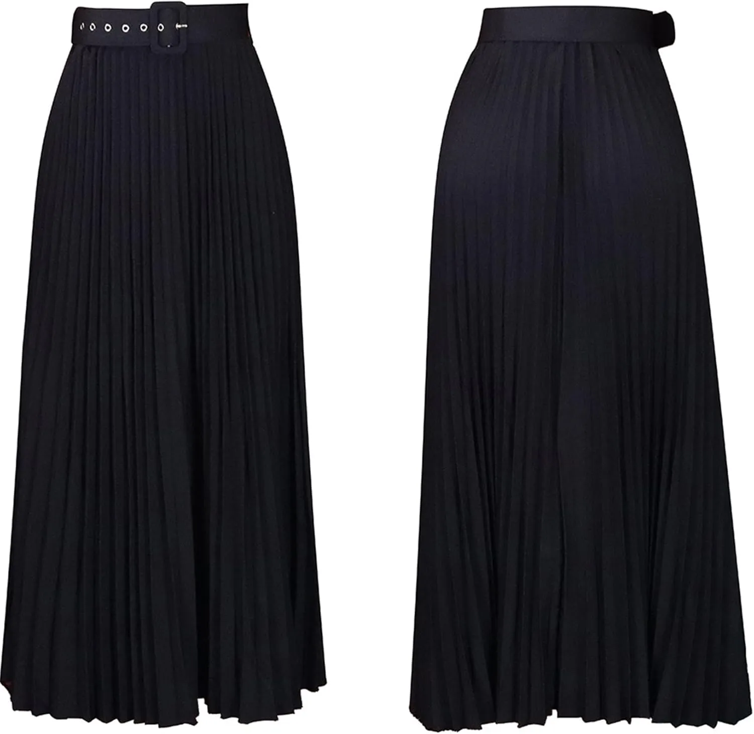 GORIFE Women's Pleated Skirt Solid Elastic Waist A-Line Swing Maxi Length Skirt with Belt