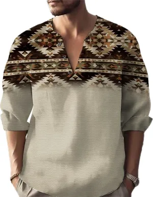 Henley Shirts for Men Ethnic Print Half Button Pullover Long Sleeve 2025 Summer Novelty Stylish Yoga Casual T-Shirt