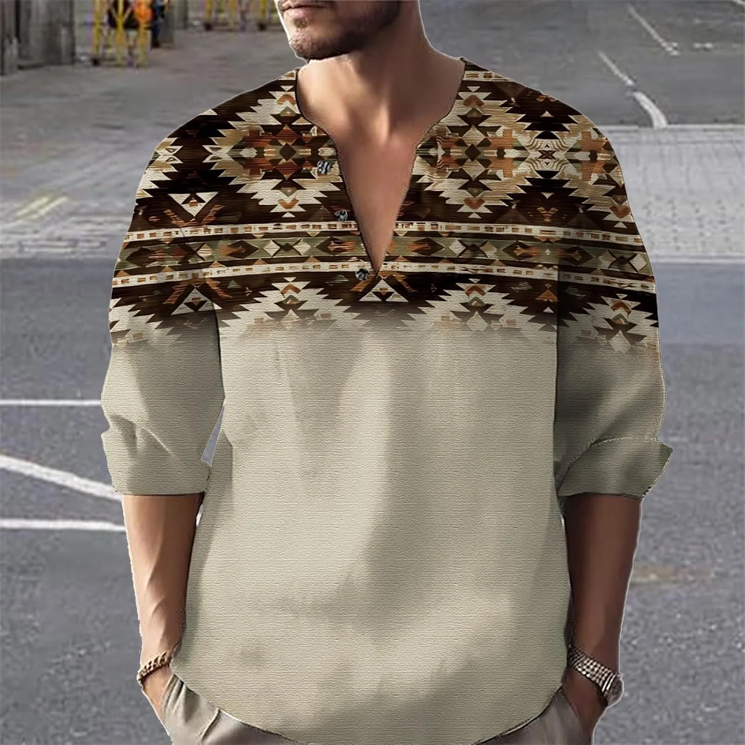Henley Shirts for Men Ethnic Print Half Button Pullover Long Sleeve 2025 Summer Novelty Stylish Yoga Casual T-Shirt