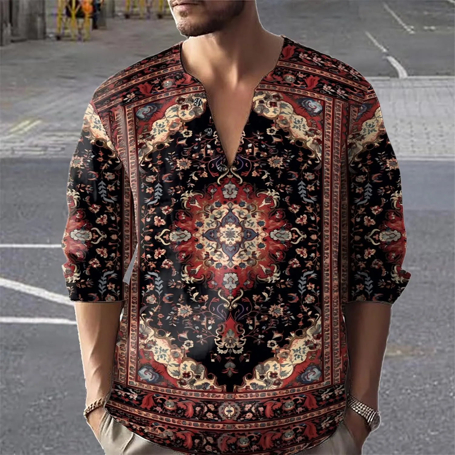 Henley Shirts for Men Ethnic Print Half Button Pullover Long Sleeve 2025 Summer Novelty Stylish Yoga Casual T-Shirt