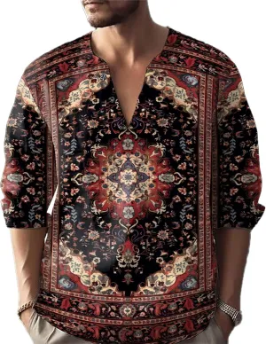 Henley Shirts for Men Ethnic Print Half Button Pullover Long Sleeve 2025 Summer Novelty Stylish Yoga Casual T-Shirt