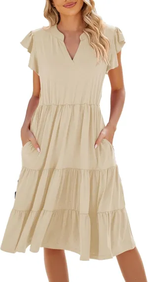 HGOOGY Womens Dresses Spring Vintage Women's Summer Casual Dresses Square Neck Short Sleeve Swing Plus Size Midi