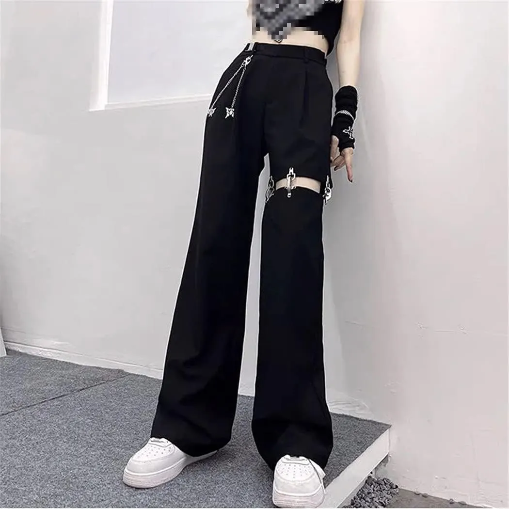 High Waist Wide Leg Pants, High Street Harajuku Black Trousers, Women Casual Loose Pant with Belt Chain