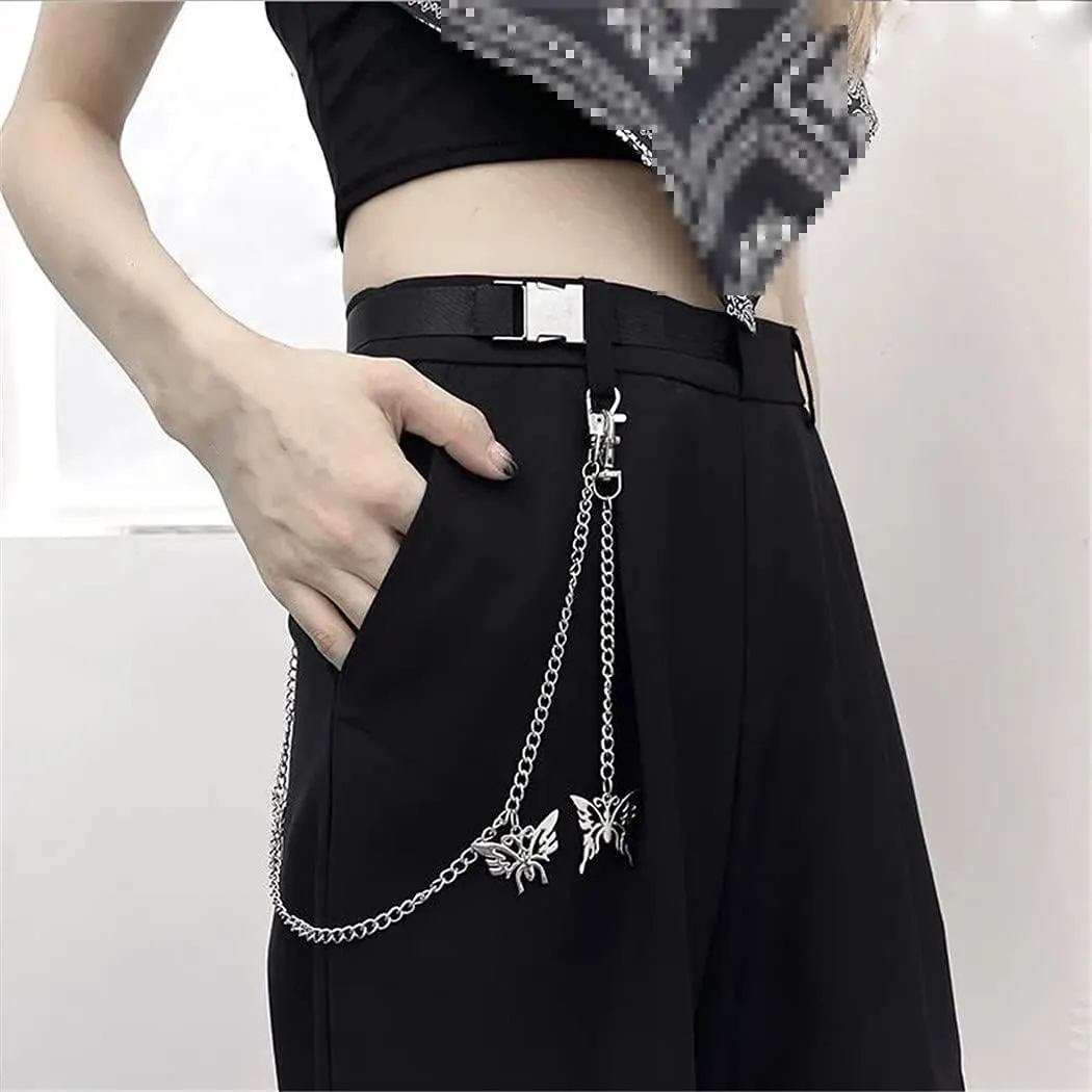 High Waist Wide Leg Pants, High Street Harajuku Black Trousers, Women Casual Loose Pant with Belt Chain