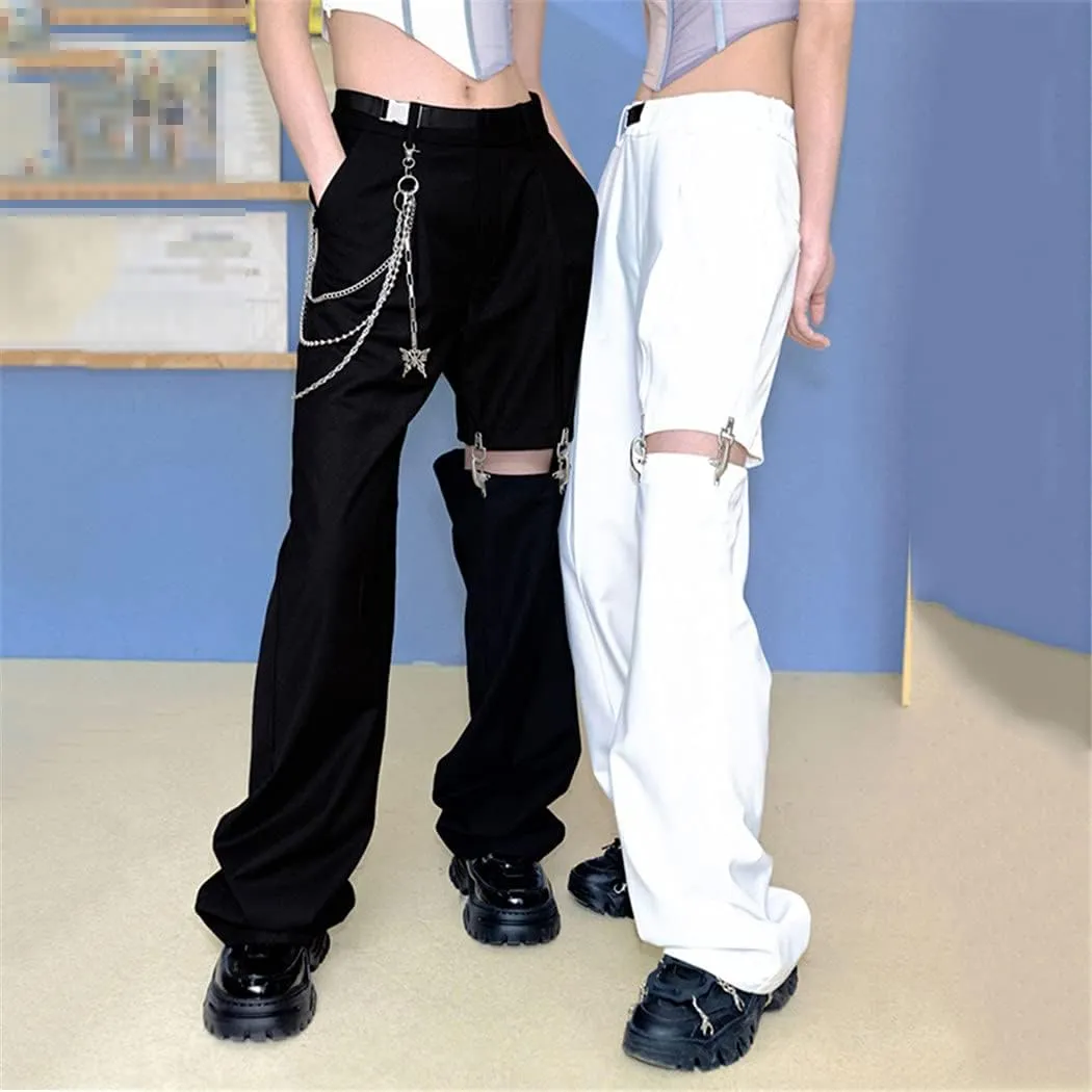 High Waist Wide Leg Pants, High Street Harajuku Black Trousers, Women Casual Loose Pant with Belt Chain