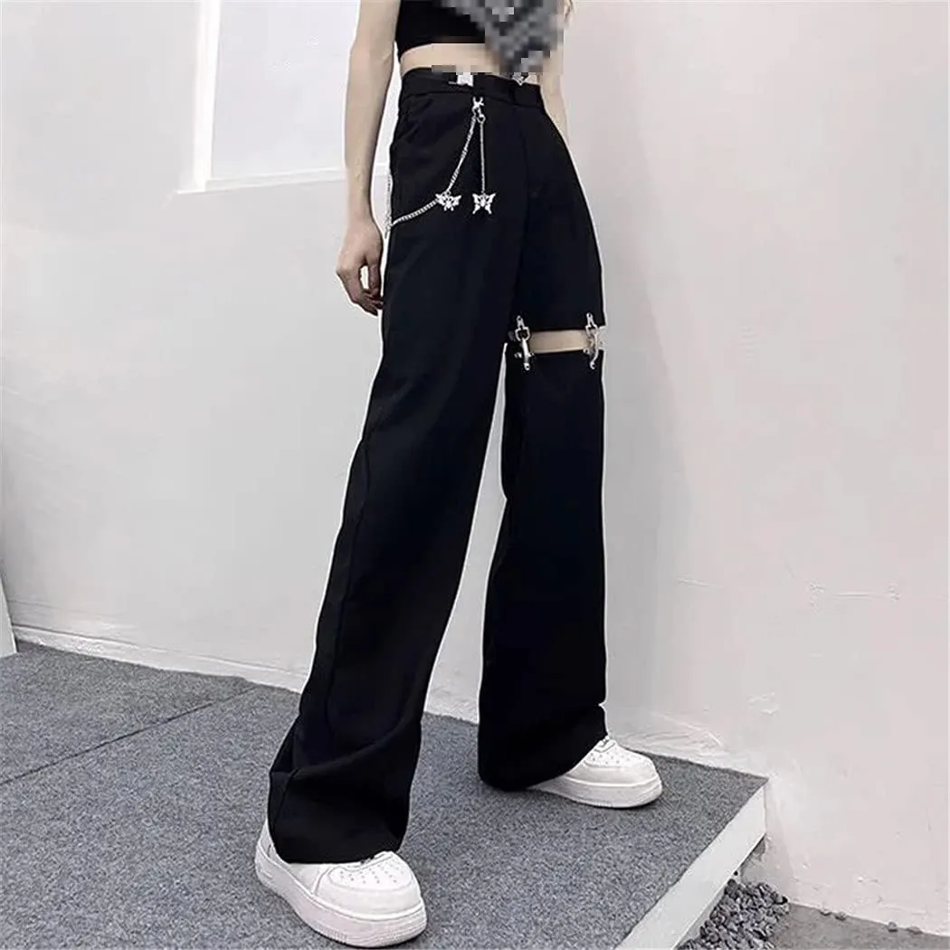 High Waist Wide Leg Pants, High Street Harajuku Black Trousers, Women Casual Loose Pant with Belt Chain