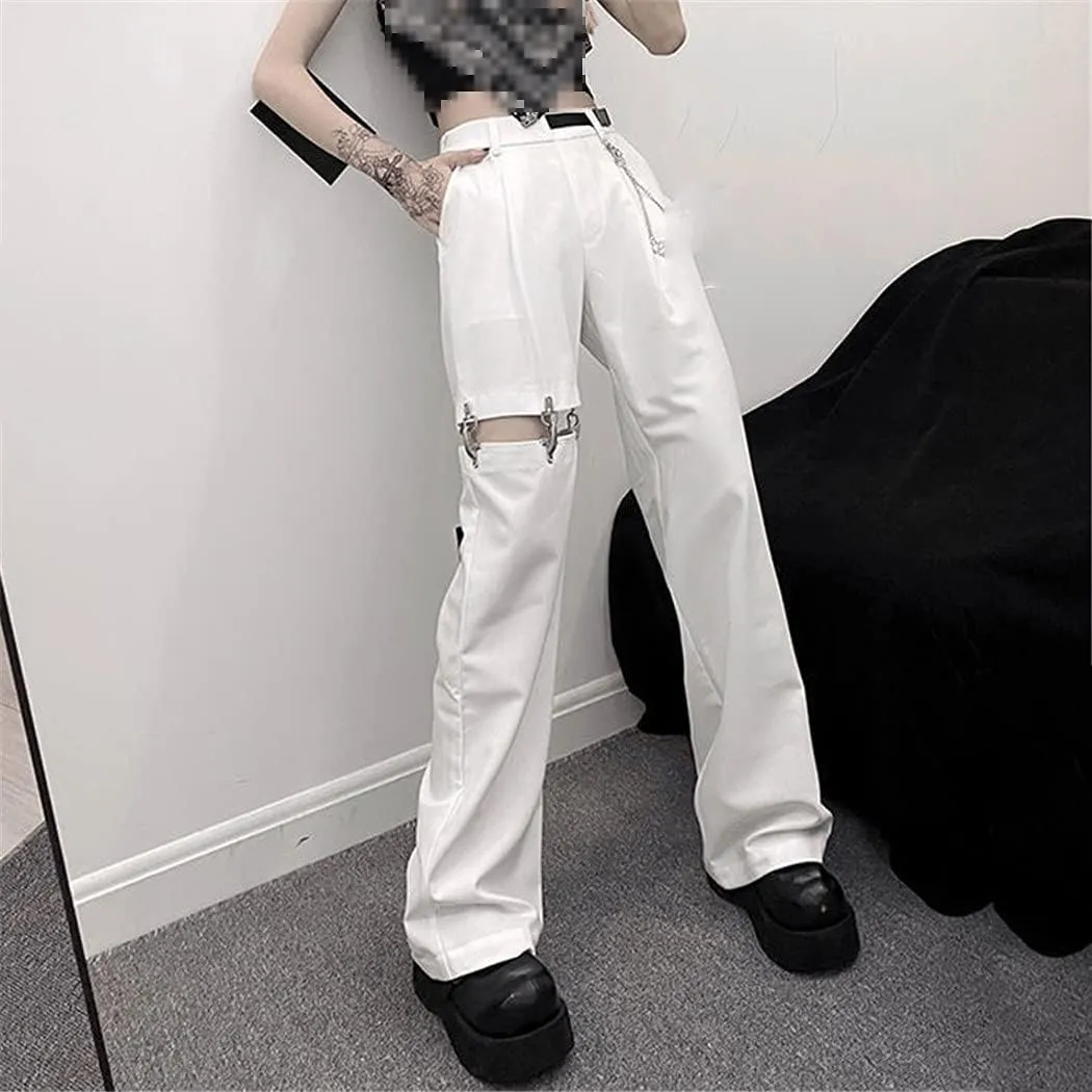 High Waist Wide Leg Pants, High Street Harajuku Black Trousers, Women Casual Loose Pant with Belt Chain