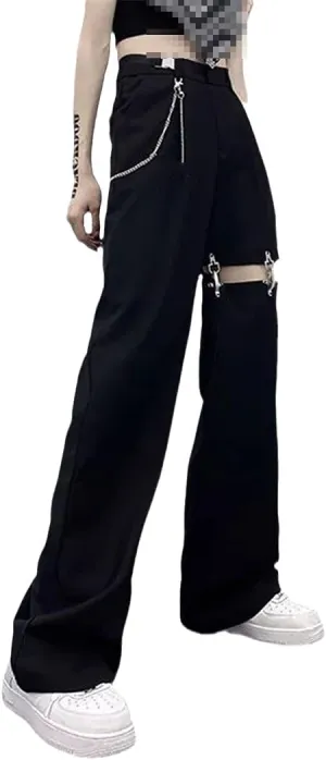 High Waist Wide Leg Pants, High Street Harajuku Black Trousers, Women Casual Loose Pant with Belt Chain